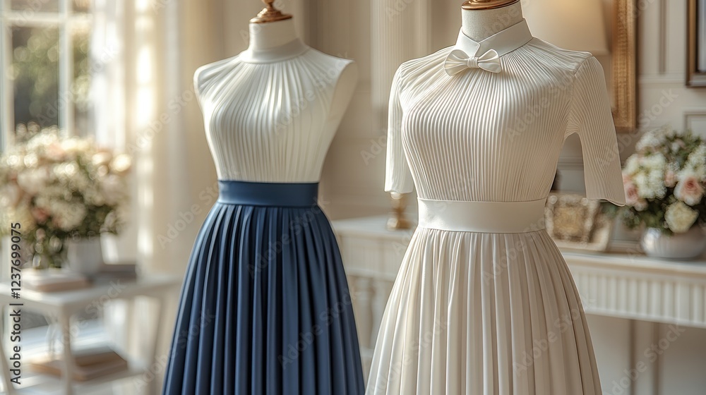 Elegant Pleated Dresses on Mannequins in a Luxurious Setting Elegant Pleated Dresses on Mannequins in a Luxurious Setting