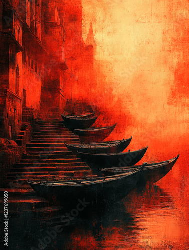 Digital clean artwork Landscape artwork of Varanasi boats, in onyl dark and bright tones of red --ar 3:4 --stylize 300 --v 6.1 Job ID: 58d9604a-19d7-4ccc-b24c-fd13f8849357
