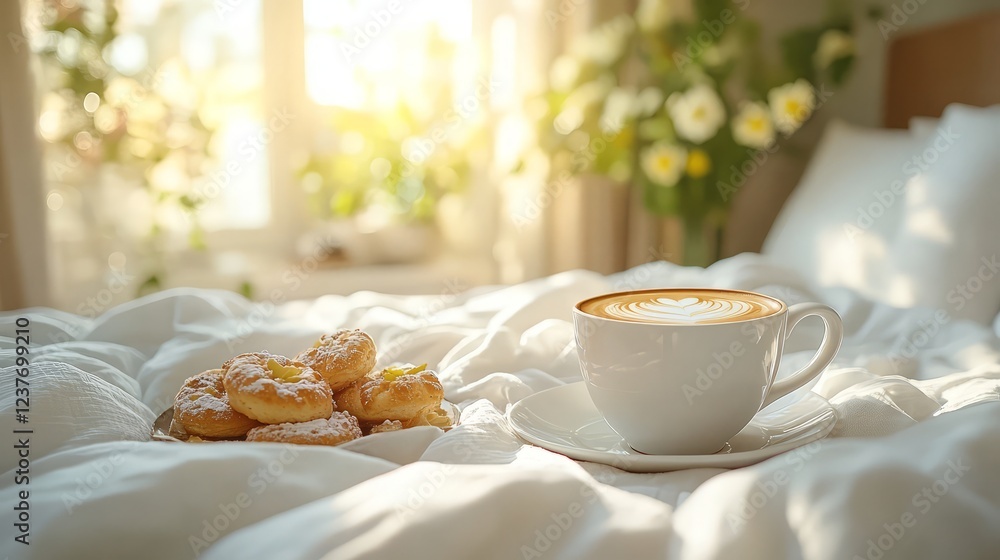 A cozy breakfast scene featuring coffee and pastries on a bed with sunlight streaming in. A cozy breakfast scene featuring coffee and pastries on a bed with sunlight streaming in.