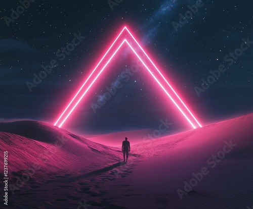 Vivid neon triangle illuminates desert landscape under starry night sky