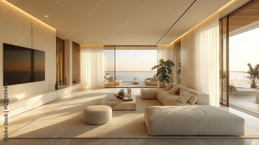 Fototapeta premium Luxury ocean view living room sunset interior design