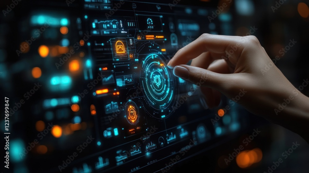Futuristic Technology Interface: A Woman's Hand Interacts with a Holographic Display Showing Advanced Data and Analytics Futuristic Technology Interface: A Woman's Hand Interacts with a Holographic Display Showing Advanced Data and Analytics