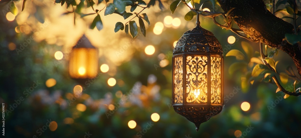 A lantern hanging from an outdoor tree branch, illuminated by warm golden light with bokeh lights in the background. A lantern hanging from an outdoor tree branch, illuminated by warm golden light with bokeh lights in the background.