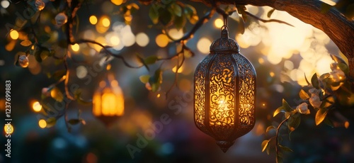 A lantern hanging from an outdoor tree branch, illuminated by warm golden light with bokeh lights in the background. 