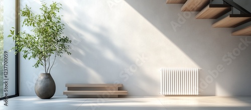 Modern interior design with stair and plant in bright space
