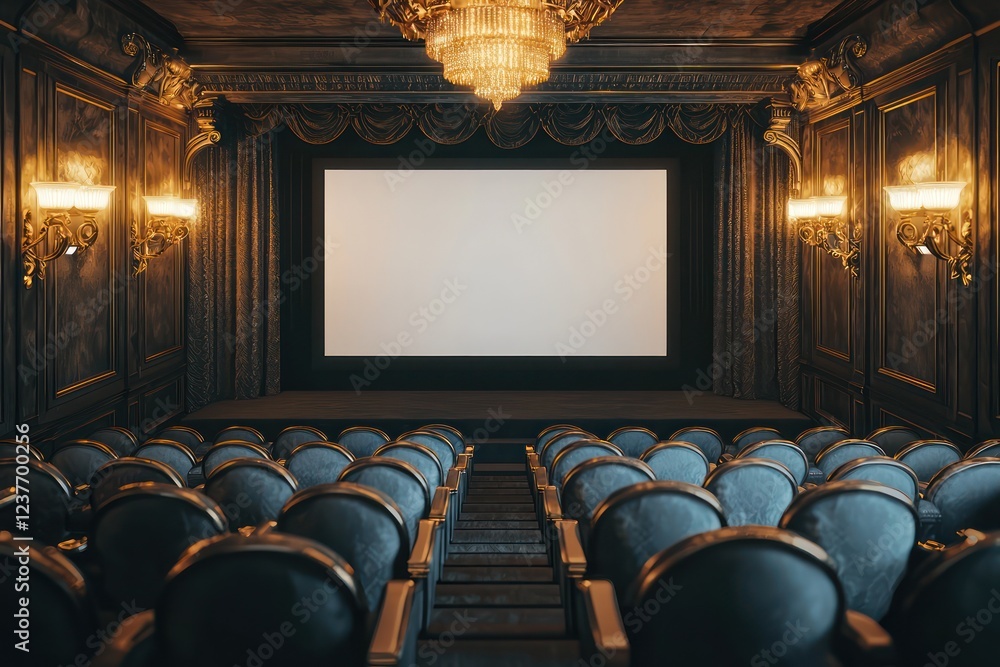Fototapeta premium Deluxe cinema setting with a blank screen framed by gold, intricate seat stitching, and chandeliers providing soft illumination.