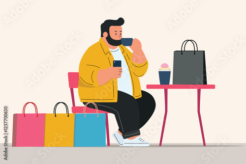 soloist or single by choice , lifestyle concept, happy chubby fat man drink coffee and use phone, shopping sale advertisement ,online delivery promotion, minimal flat cartoon vector