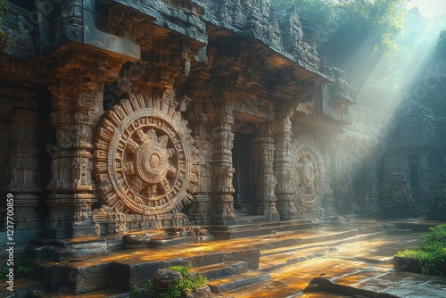 Fototapeta Naklejka Na Ścianę i Meble -  Ancient temple, sun rays, India, jungle background, historical site