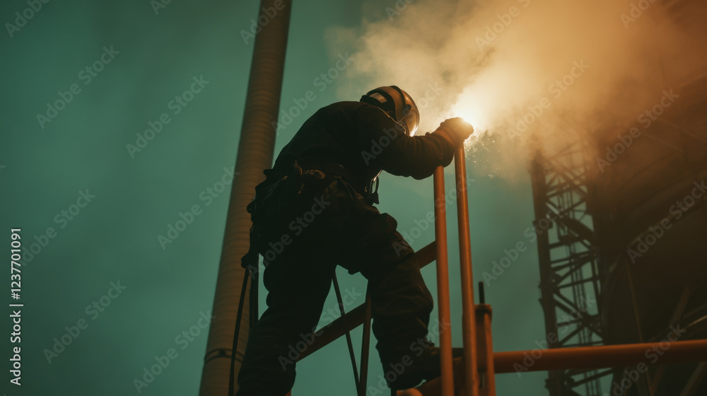 Fototapeta premium Welding process in power plant at night, showcasing worker in action. scene captures intensity and focus required for industrial tasks