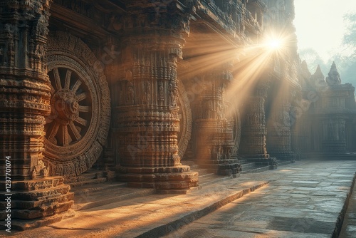 Sunlit ancient temple wheels, India, sunrise, spiritual
