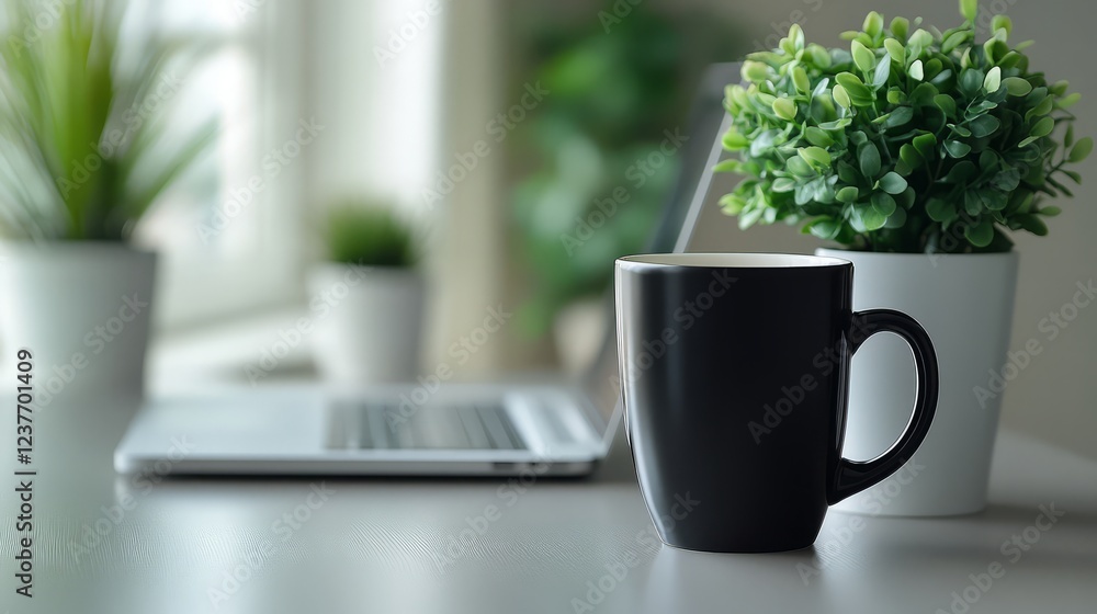 A modern workspace featuring a black coffee mug and green plants by a laptop.