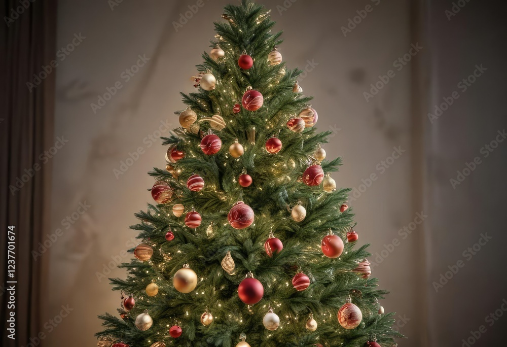 Ornaments and lights on a tall Christmas tree, string lights, twinkling lights, garland Ornaments and lights on a tall Christmas tree, string lights, twinkling lights, garland