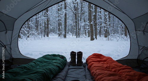 テントから見た美しい風景｜キャンプ｜雪景色｜森｜Beautiful scenery seen from a tent | Camping | Snow scenery | Forest photo