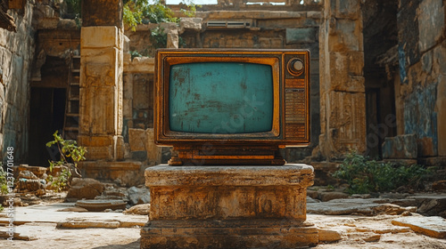 Vintage TV on a stone pedestal in the middle of an ancient civilization, very realistic photo --ar 16:9 --stylize 750 --v 6.1 Job ID: 911b3091-3663-4a2d-ba8d-938674baa184