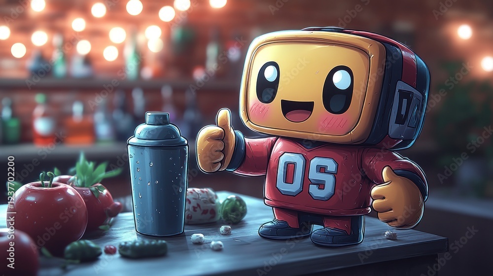 Fototapeta premium Happy robot bartender mixes drinks in a bar