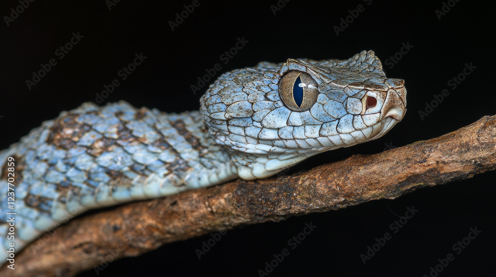 Blue viper snake closeup face, Blue viper snake on branch, viper snake, blue insularis, Trimeresurus Insularis, Indonesian viper snake Blue viper snake closeup face, Blue viper snake on branch, viper snake, blue insularis, Trimeresurus Insularis, Indonesian viper snake