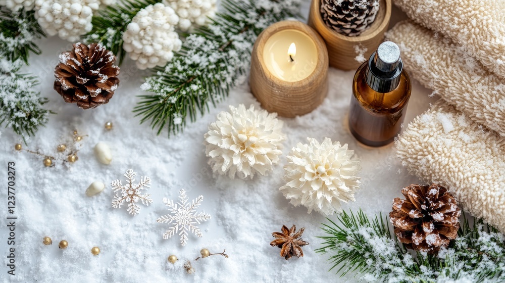 Winter spa setting with snowflakes, pinecones, and wellness products for a relaxing experience. Winter spa setting with snowflakes, pinecones, and wellness products for a relaxing experience.