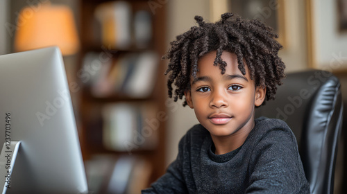 A young boy with curly hair engaging at a computer in a cozy room.