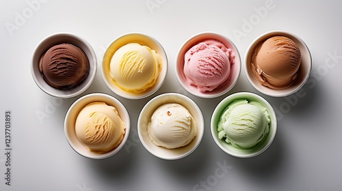 A flat lay of assorted gelato flavors in small ceramic cups. A colorful selection of frozen desserts perfect for menus, branding, and food photography, showcasing different flavors