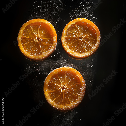 Candied orange peel. Candied orange slices on a black background, top view. Fruit preparations. Zero waste kitchen.