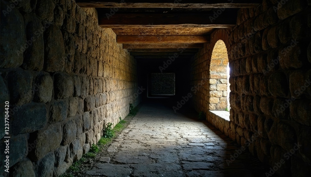 Fototapeta premium Dark passageway with ancient stone walls and worn wooden beams, lowceilinged, stone, darkness
