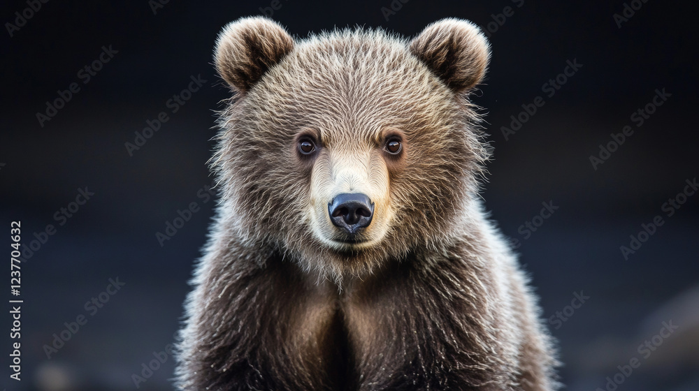 Fototapeta premium Front view of brown bear isolated on black background. Portrait of Kamchatka bear (Ursus arctos beringianus)