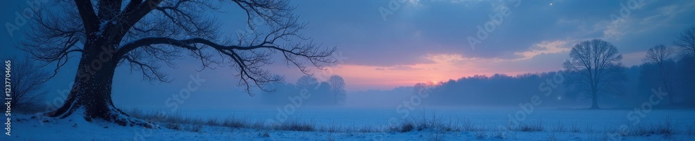 Frosty evening scene with bare trees and twinkling stars, jagged, bare trees, misty Frosty evening scene with bare trees and twinkling stars, jagged, bare trees, misty