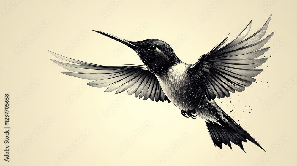 Naklejka premium Hummingbird in flight, sepia tones, nature background, design element