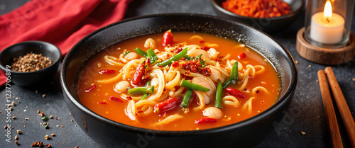 Spicy Szechuan hot and sour soup in modern kitchen, hearty winter comfort