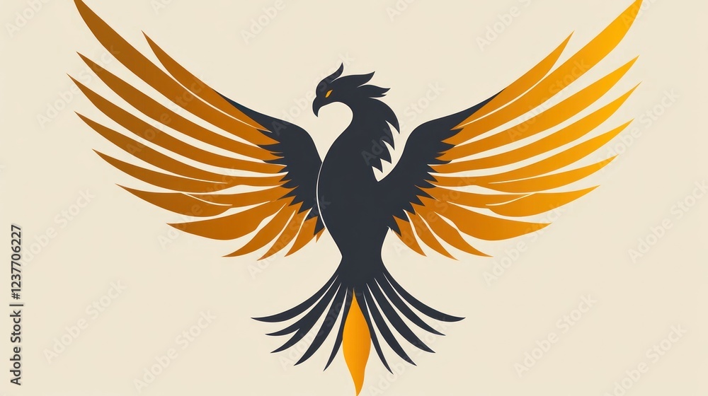 Fototapeta premium Majestic phoenix rising, fiery wings spread, beige background, logo design