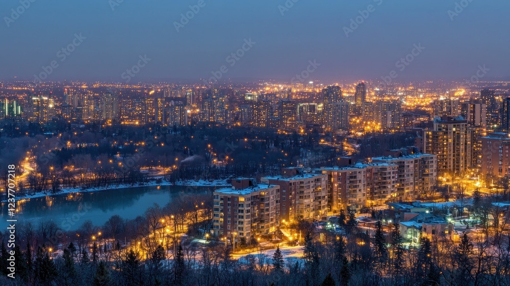 Obraz premium Night city panorama, winter lake, cityscape, aerial view, twilight glow, urban sprawl, residential buildings, advertising