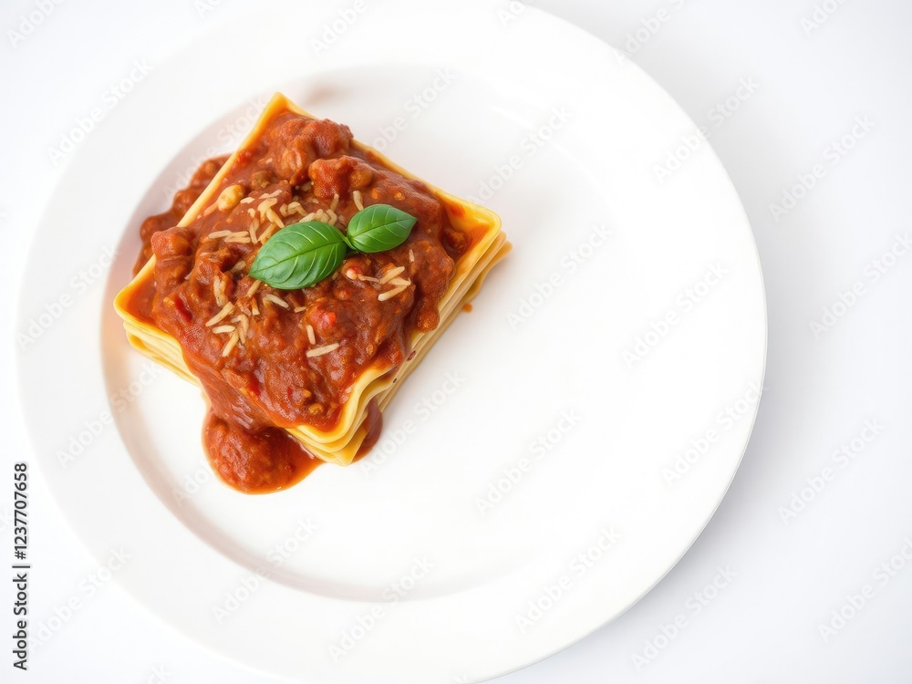 Italian style lasagna with bolognese sauce on a white ceramic plate, ground beef, tomato sauce, lasagna noodles Italian style lasagna with bolognese sauce on a white ceramic plate, ground beef, tomato sauce, lasagna noodles