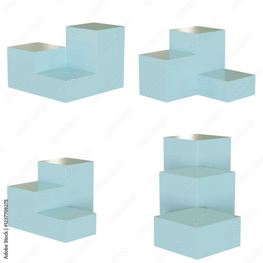 Fototapeta premium 3d render 3 boxy podiums in 4 positions. Blue color.