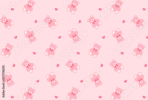 seamless pattern with pink teddy bears and hearts