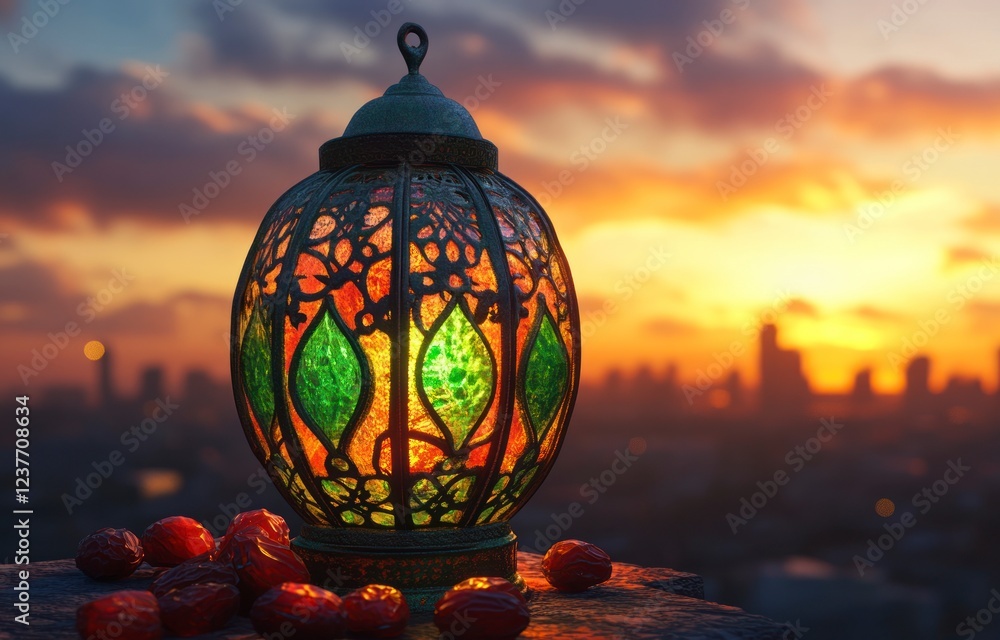 intricate Ramadan lantern with green and red glass, placed on a table in front of a city skyline at sunset. The warm glow from within illuminates nearby dates and leaves. intricate Ramadan lantern with green and red glass, placed on a table in front of a city skyline at sunset. The warm glow from within illuminates nearby dates and leaves.