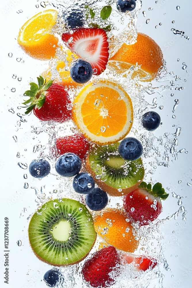 Fresh Fruit Splash Juicy Oranges Strawberries Kiwi Blueberries Fresh Fruit Splash Juicy Oranges Strawberries Kiwi Blueberries