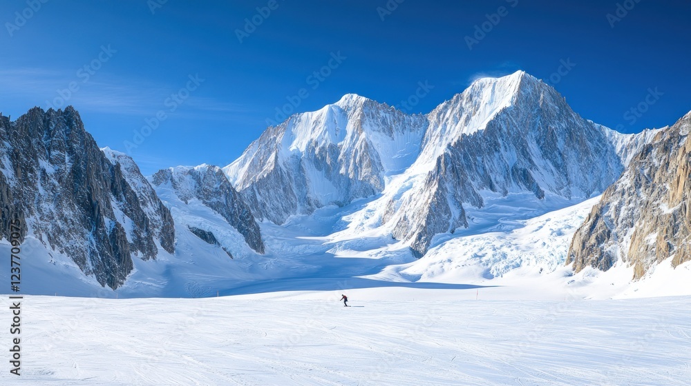Skier traverses glacier, majestic mountains backdrop, sunny day, adventure travel Skier traverses glacier, majestic mountains backdrop, sunny day, adventure travel