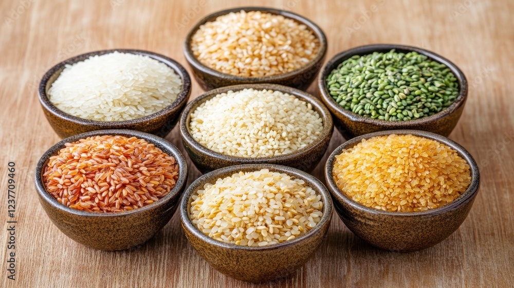 Seven rice varieties in bowls on wood table Seven rice varieties in bowls on wood table