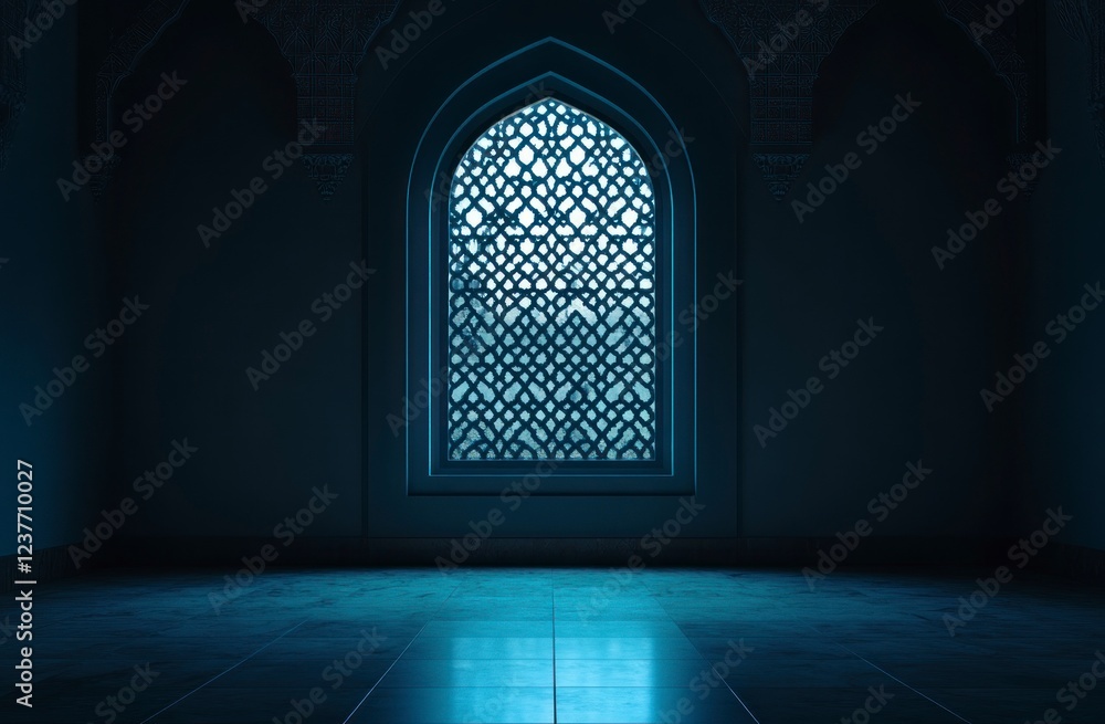 An Islamic-style window with an Arabic pattern, in light blue, set against a night-time, shadowy, and symmetrical backdrop. In the background, there is an empty room with dark shadows. An Islamic-style window with an Arabic pattern, in light blue, set against a night-time, shadowy, and symmetrical backdrop. In the background, there is an empty room with dark shadows.