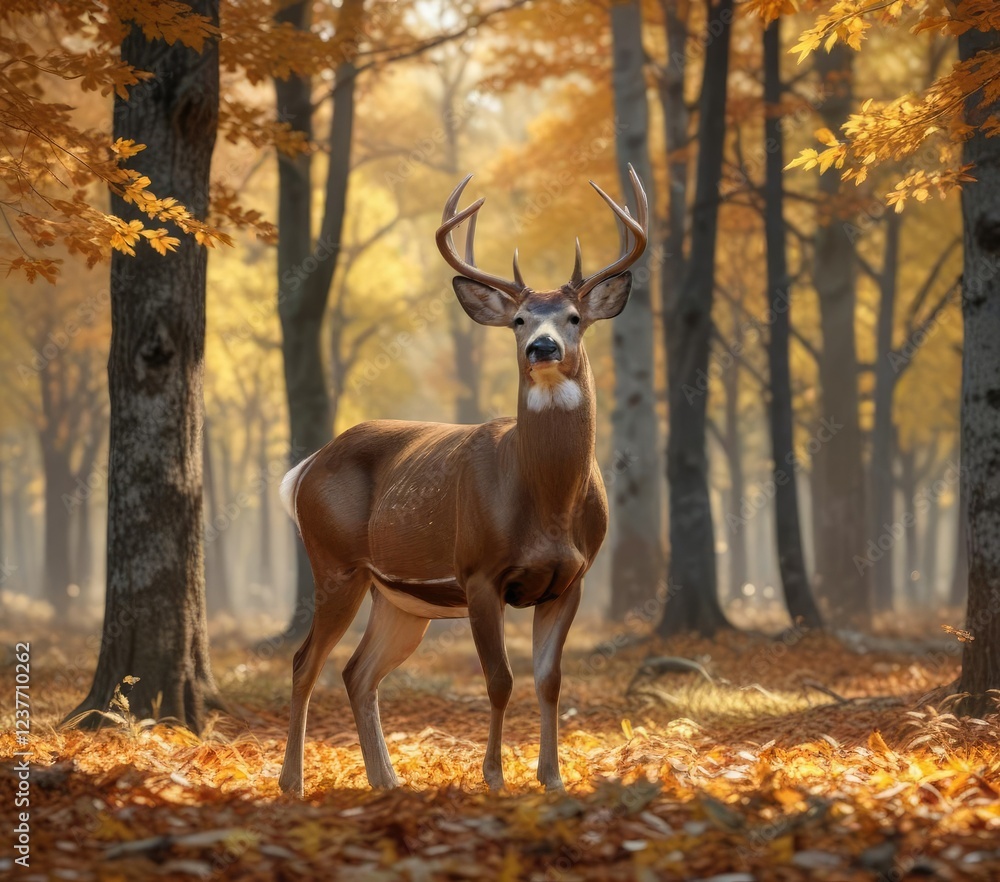 Lone white tailed deer buck surrounded by autumn leaves, seasonal change, autumn treasures, animal kingdom, wild creature Lone white tailed deer buck surrounded by autumn leaves, seasonal change, autumn treasures, animal kingdom, wild creature