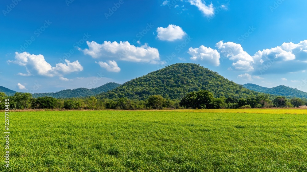Fototapeta premium Lush green field, hill landscape, sunny day, cloud, travel