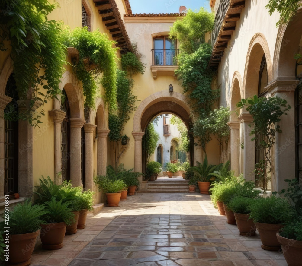 Fototapeta premium Lush greenery and arched windows in a traditional Spanish courtyard, exterior, architecture, landscape