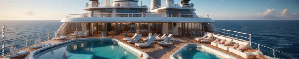 Luxury cruise ship with a pool and sun deck overlooking the ocean , pool, waves Luxury cruise ship with a pool and sun deck overlooking the ocean , pool, waves