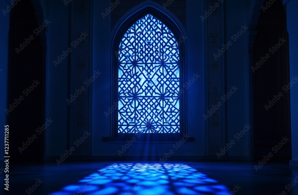 A blue Islamic window with geometric patterns, casting an ethereal glow on the dark room below. A blue Islamic window with geometric patterns, casting an ethereal glow on the dark room below.