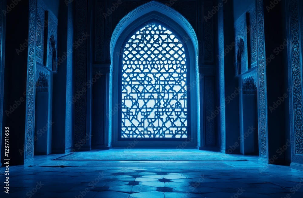 A cinematic still of an Arabic window with geometric patterns glowing in blue light, set against a dark background, creating a mysterious and captivating atmosphere. A cinematic still of an Arabic window with geometric patterns glowing in blue light, set against a dark background, creating a mysterious and captivating atmosphere.