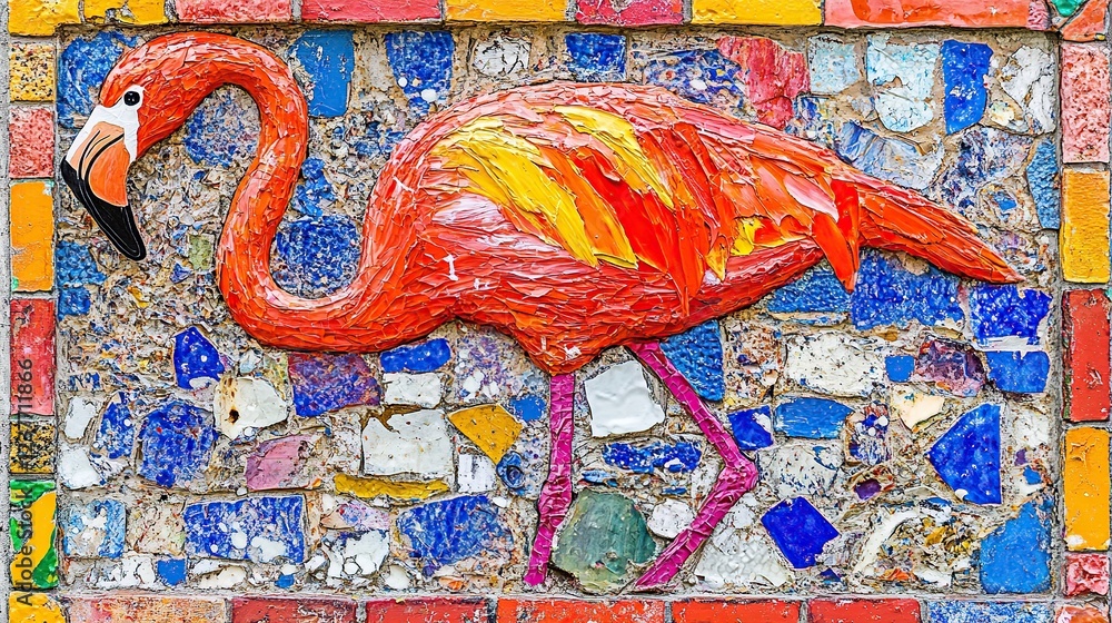 Obraz premium Mosaic Flamingo Wall Art, Outdoor Decor, Colorful Tiles, Beach Theme, Tourist Attraction