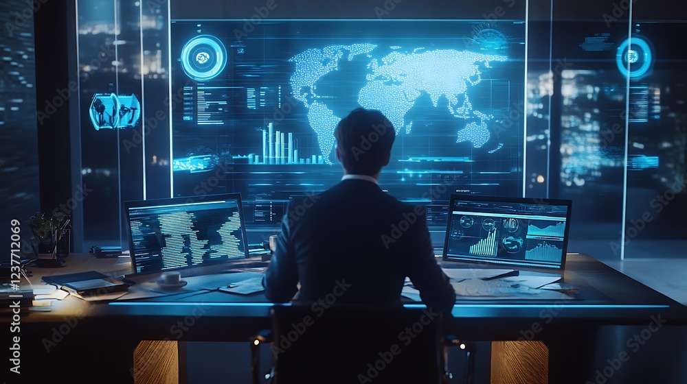 Businessman analyzes global data on futuristic screens in office Businessman analyzes global data on futuristic screens in office