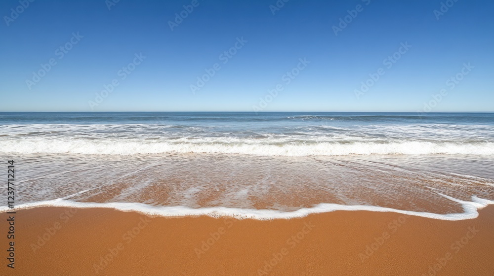 Calm ocean waves lapping sandy beach under clear blue sky; vacation postcard Calm ocean waves lapping sandy beach under clear blue sky; vacation postcard