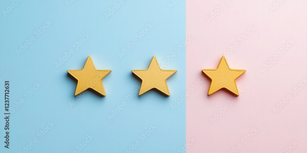 feedback survey response for statistics concept. Three golden stars on a pastel blue and pink background. feedback survey response for statistics concept. Three golden stars on a pastel blue and pink background.