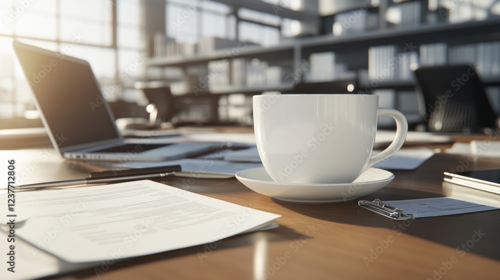 A cozy office setup featuring a coffee cup on a desk with a laptop and documents. A cozy office setup featuring a coffee cup on a desk with a laptop and documents.